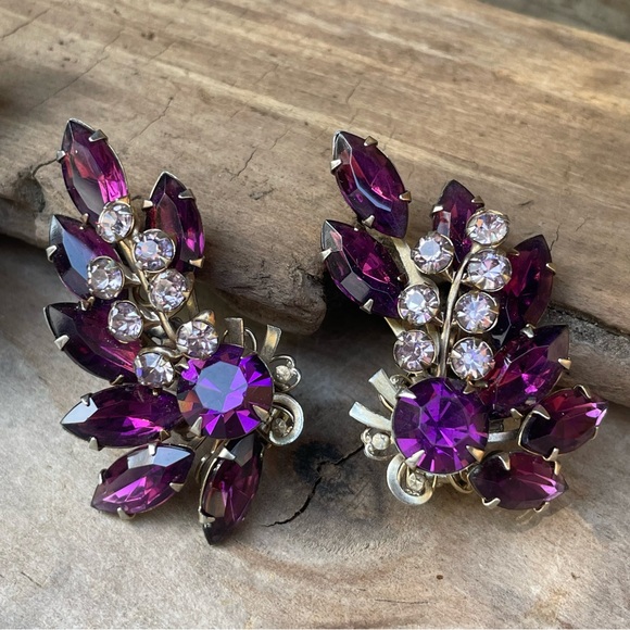 JULIANA D&E Vintage Rhinestone Demi Parure Brooch & Earring Set Amethyst - Picture 2 of 13